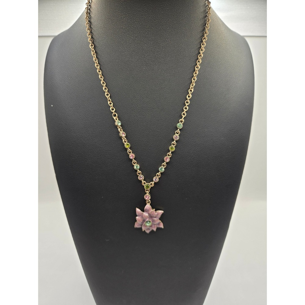 Pink Enamel Lotus Flower Pendant Necklace Gold Tone Green Rhinestone Accents